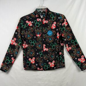 Disney Christmas Zip Up Scrub Jacket Womens XS Black Mickey Wreath Peppermint